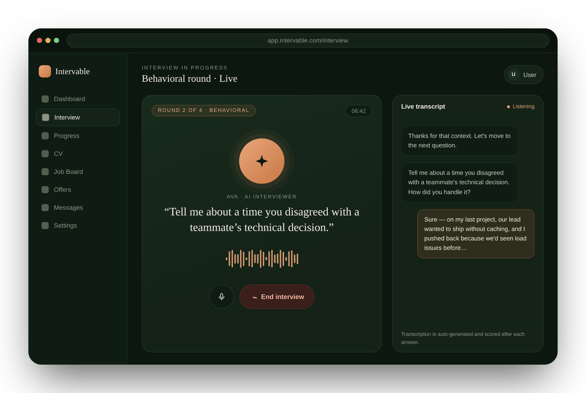 Intervable live AI interview screen showing a behavioral round with an AI interviewer and a live transcript panel